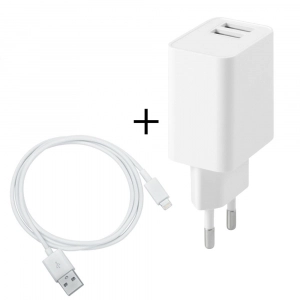 Chargeur iPhone 2 parties avec câble + prise secteur 2xUSB 2A coloris blanc